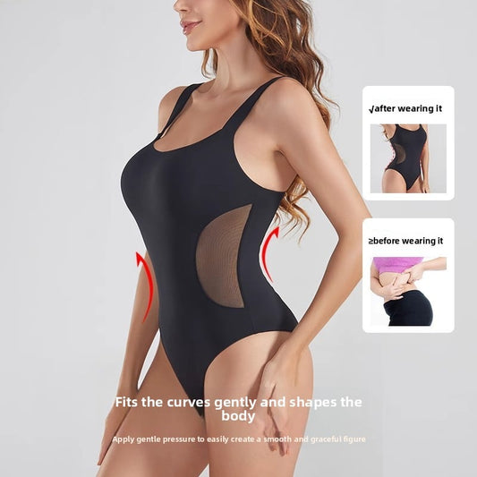 A woman in a one-piece shaping garment