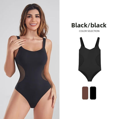 A woman in a one-piece shaping garment