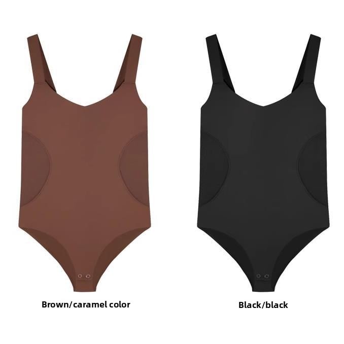 A woman in a one-piece shaping garment