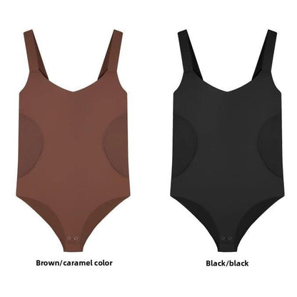 A woman in a one-piece shaping garment