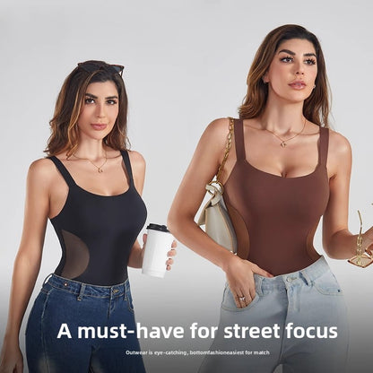 A woman in a one-piece shaping garment