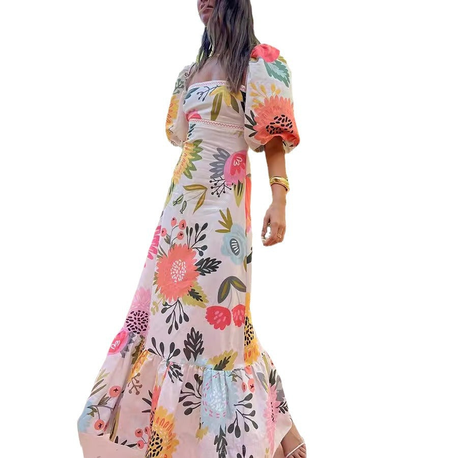 Printed Lantern Sleeve Cotton Linen Dress