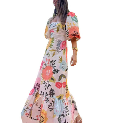 Printed Lantern Sleeve Cotton Linen Dress