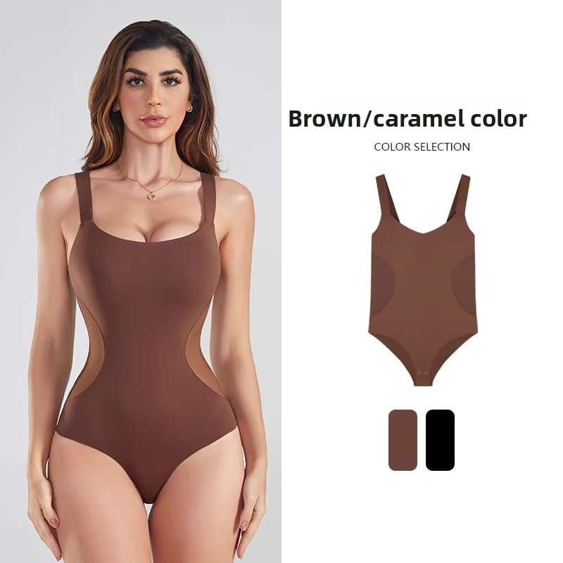 A woman in a one-piece shaping garment